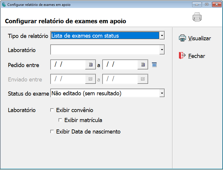 Tela de configuração do relatório de exames em apoio.