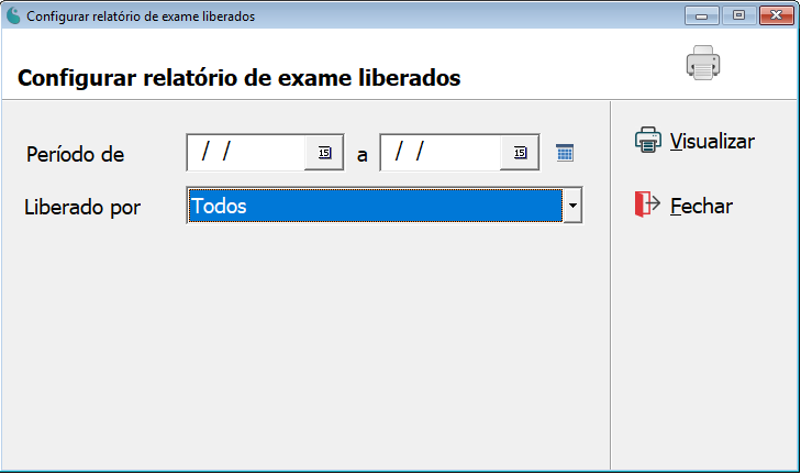Tela de configuração do relatório de exames liberados.