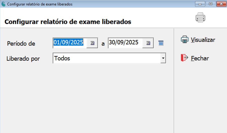 Tela de configuração do relatório de exames liberados.