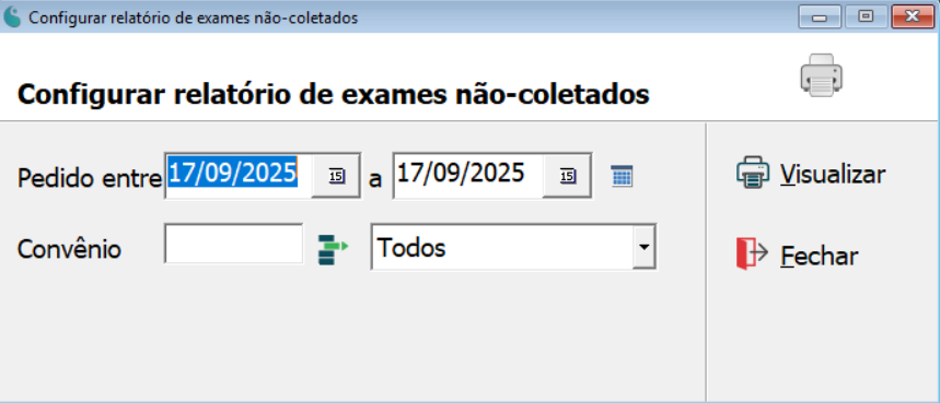 Tela de configuração do relatório de exames não-coletados.