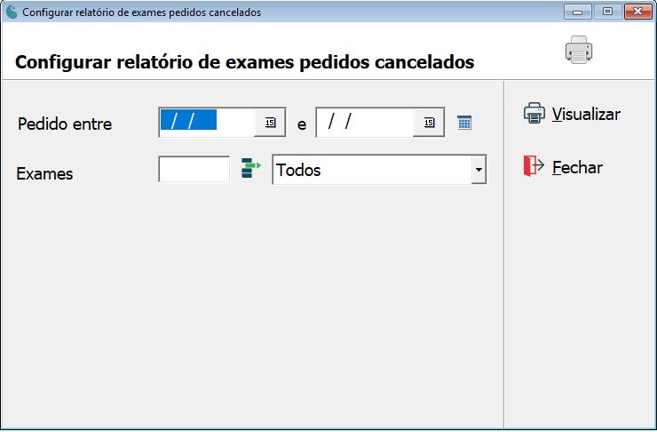 Tela de configuração do relatório de exames pedidos cancelados.