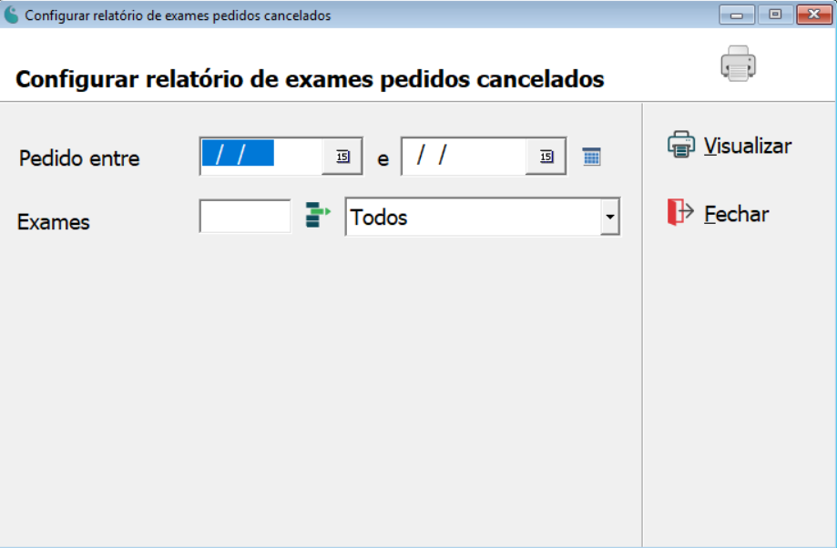 Tela de configuração do relatório de exames pedidos cancelados.