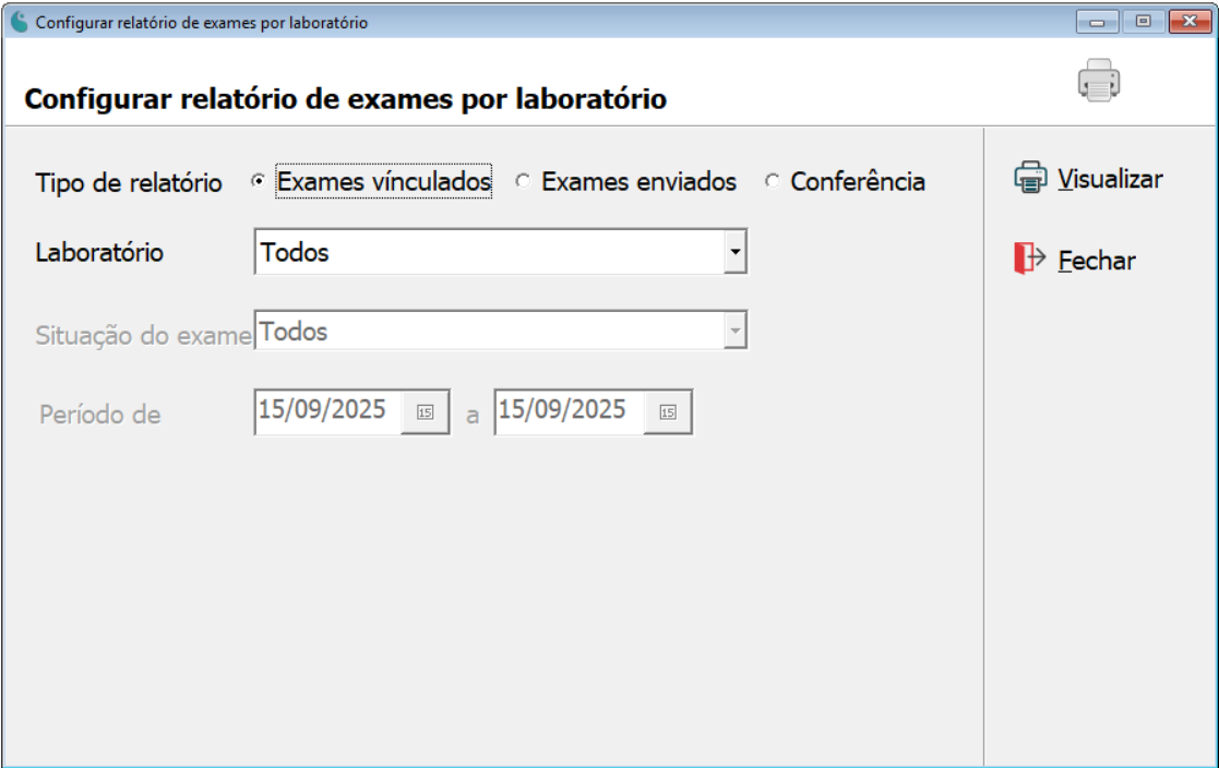 Tela de configuração do relatório de exames por laboratório.