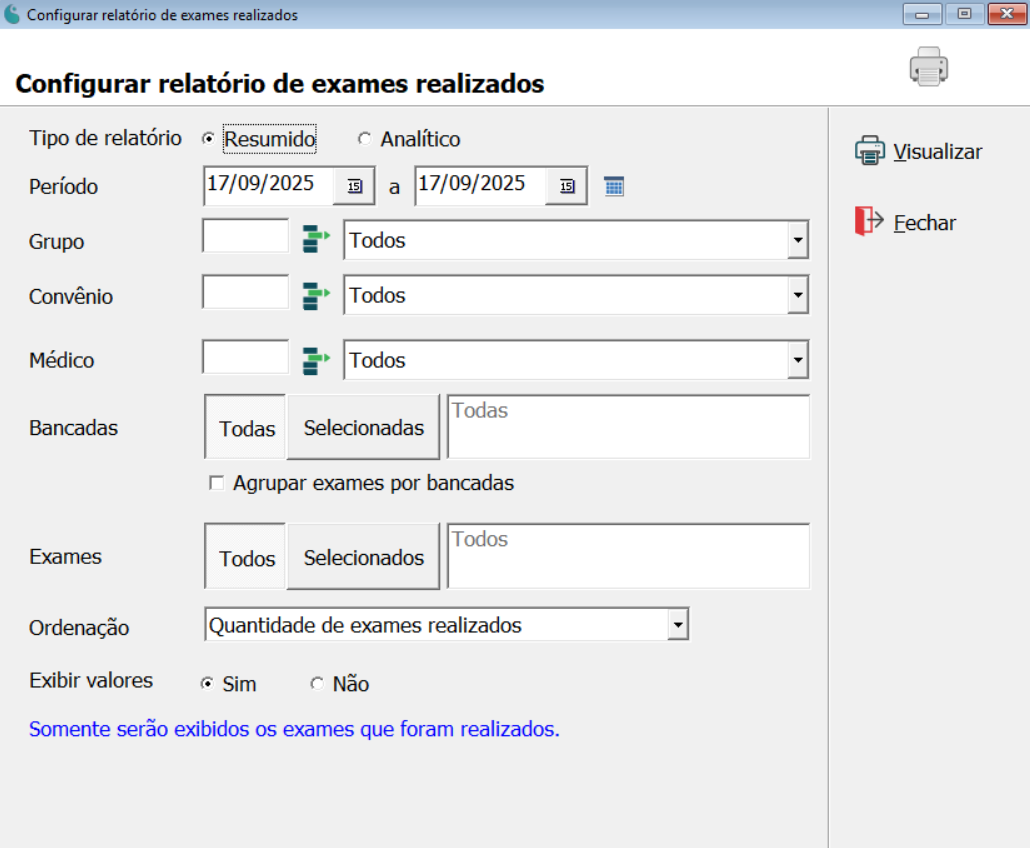 Tela de configuração do relatório de exames realizados.