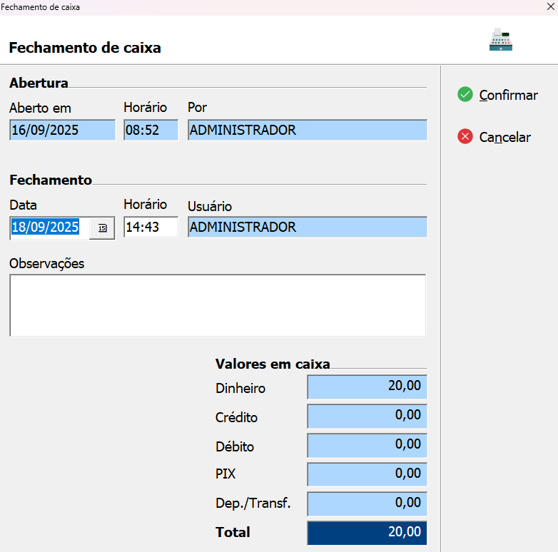 Tela de Fechamento de Caixa