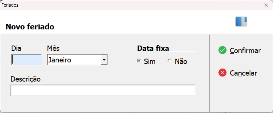 Tela de cadastro de Novo Feriado