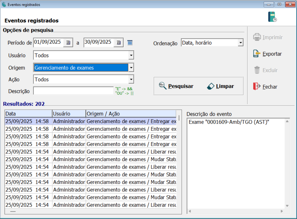 Ações para a Origem Gerenciamento de Exames