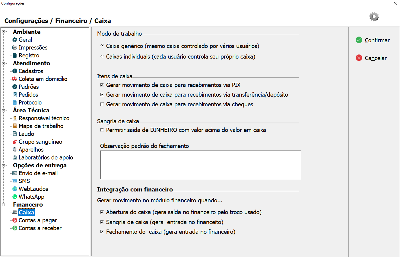 Tela de configuração do Caixa.