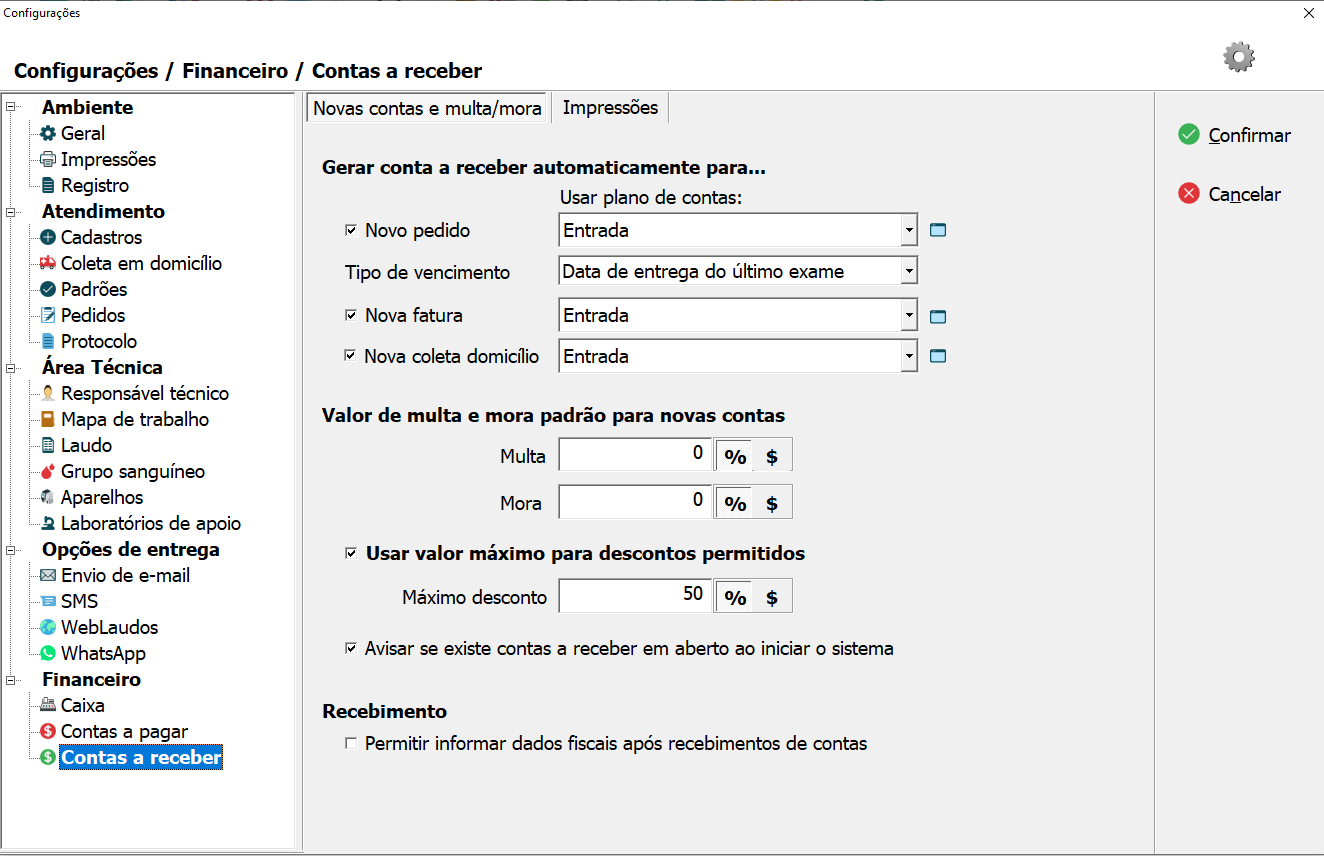 Tela de configuração de Novas Contas e Multa/Mora.