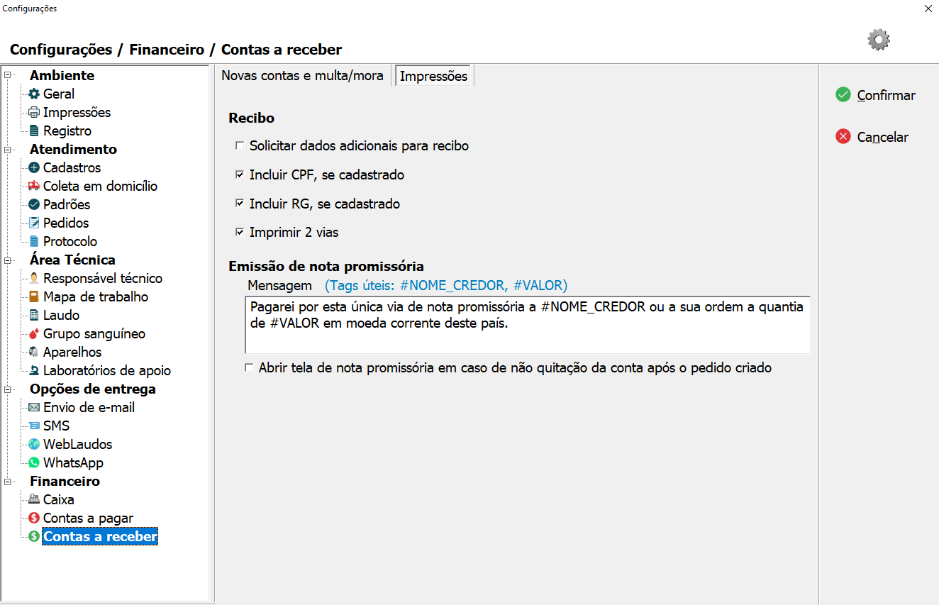 Tela de configuração de Impressões do Contas a Receber.