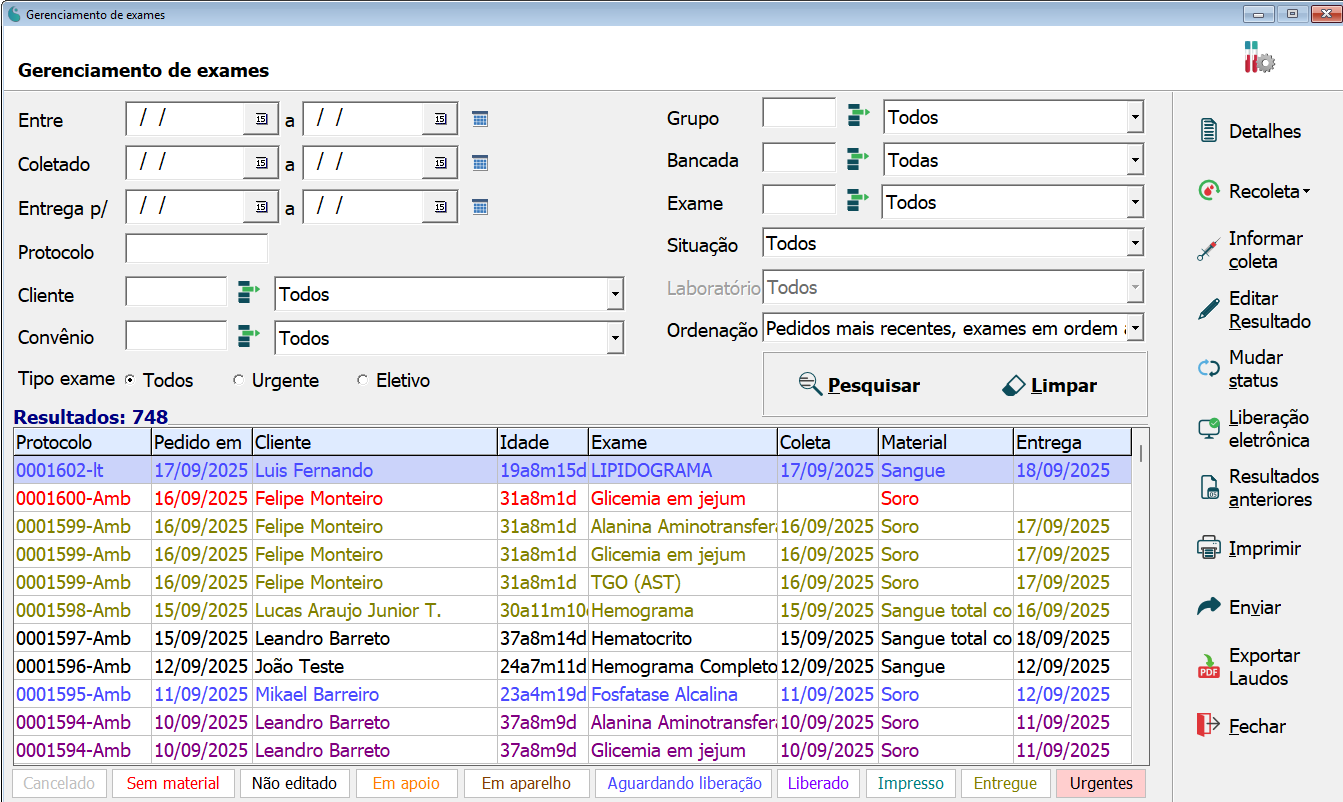 Tela de Gerenciamento de Exames