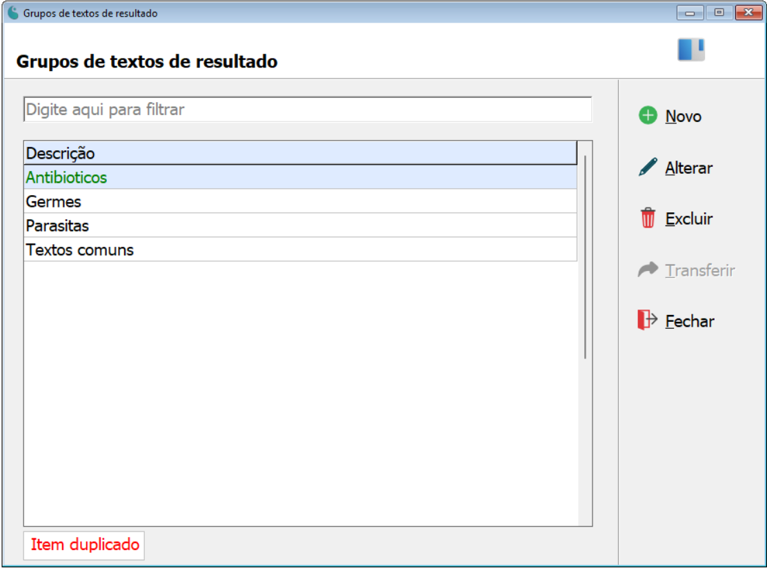 Tela principal do Cadastro de Grupos de Textos de Resultado