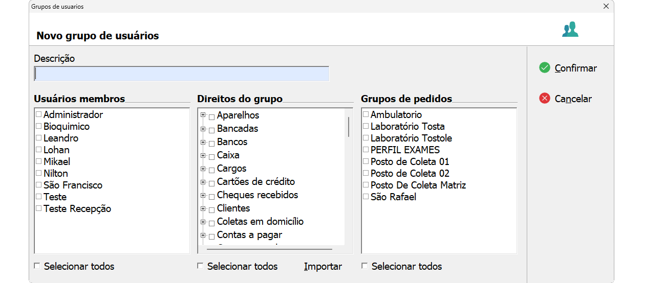 Tela de criação de novo grupo