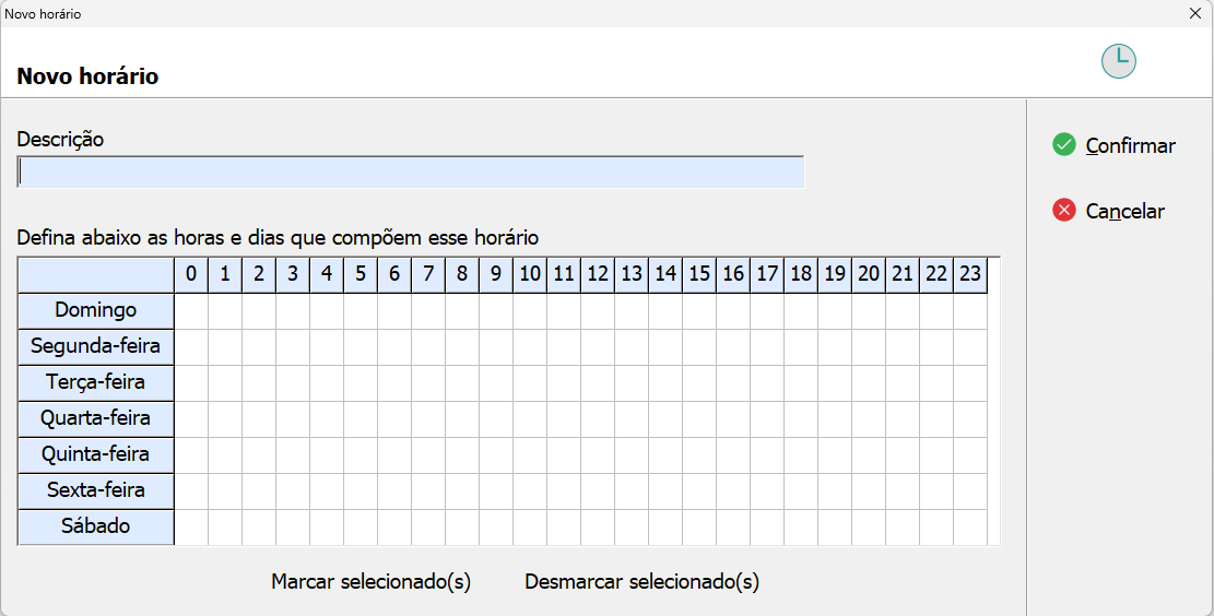 Tela de cadastro de Novo Horário