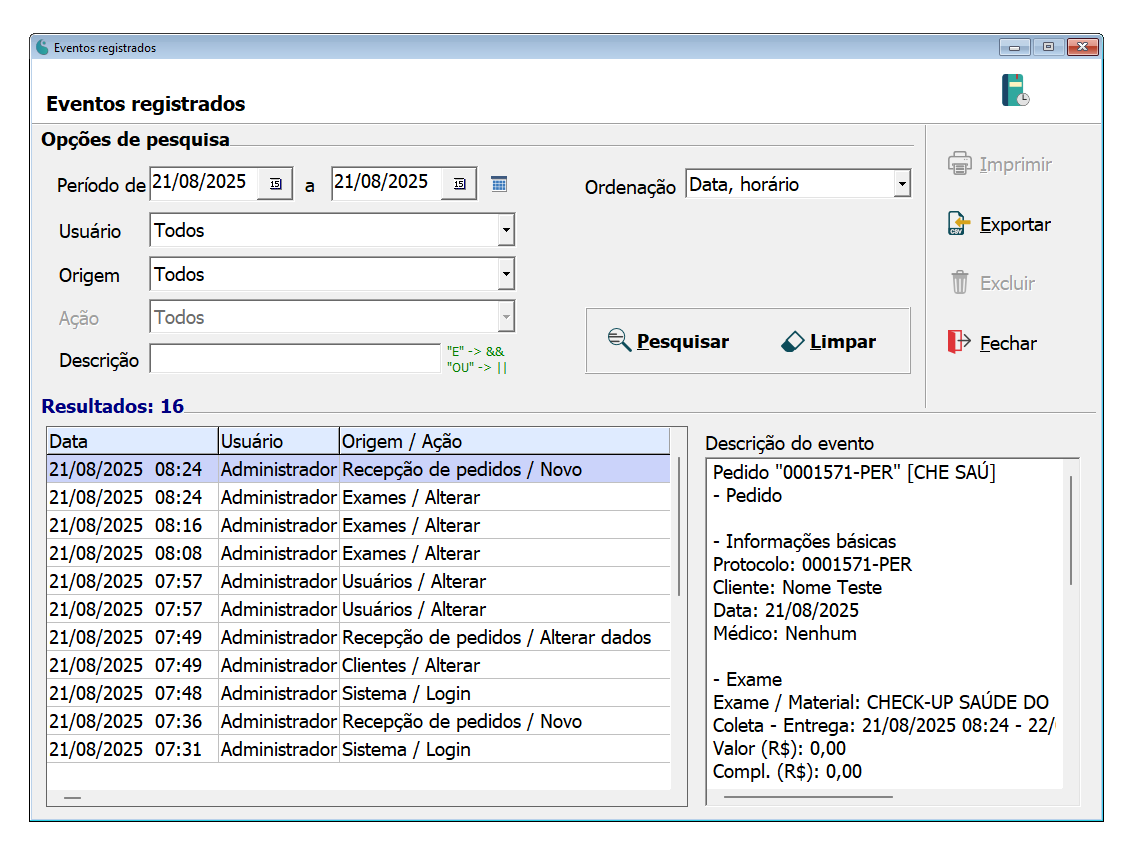 Tela principal de Log de Eventos
