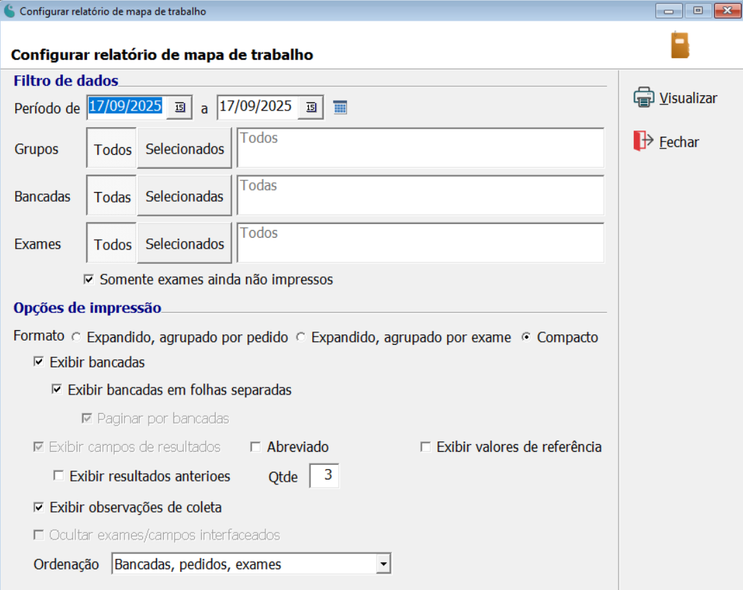 Tela de configuração do relatório de mapa de trabalho.