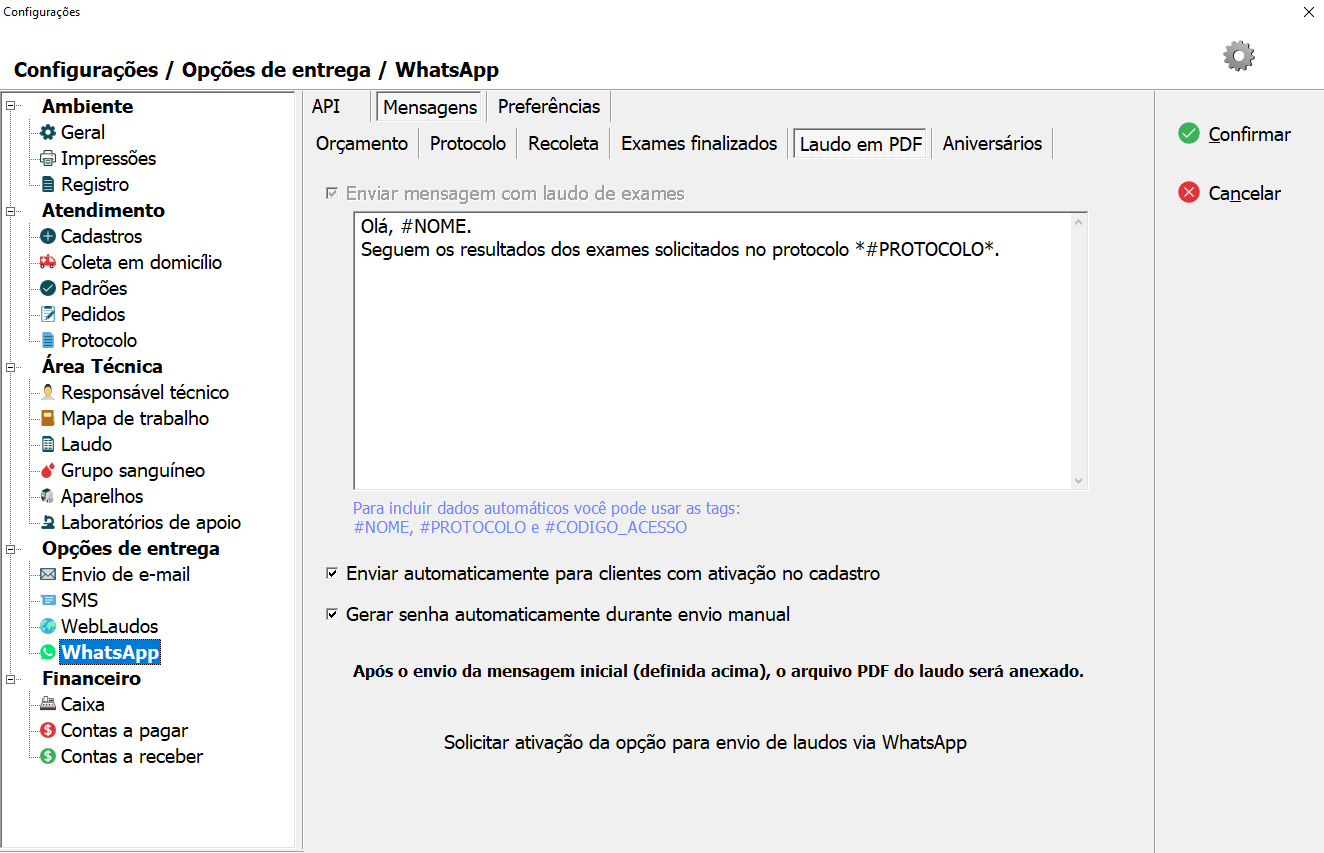 Tela de configuração da Mensagem de Laudo em PDF.