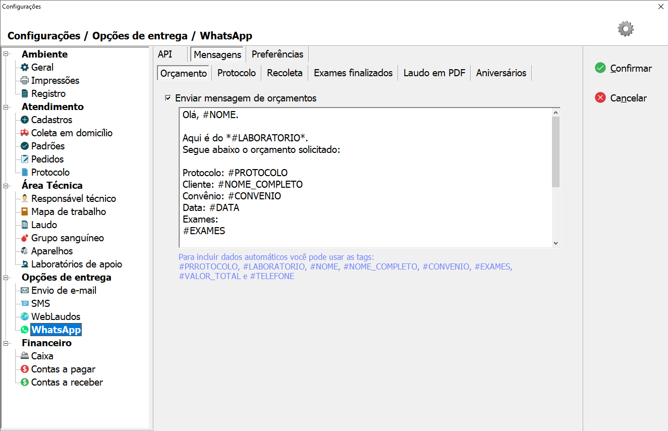 Tela de configuração da Mensagem de Orçamento.