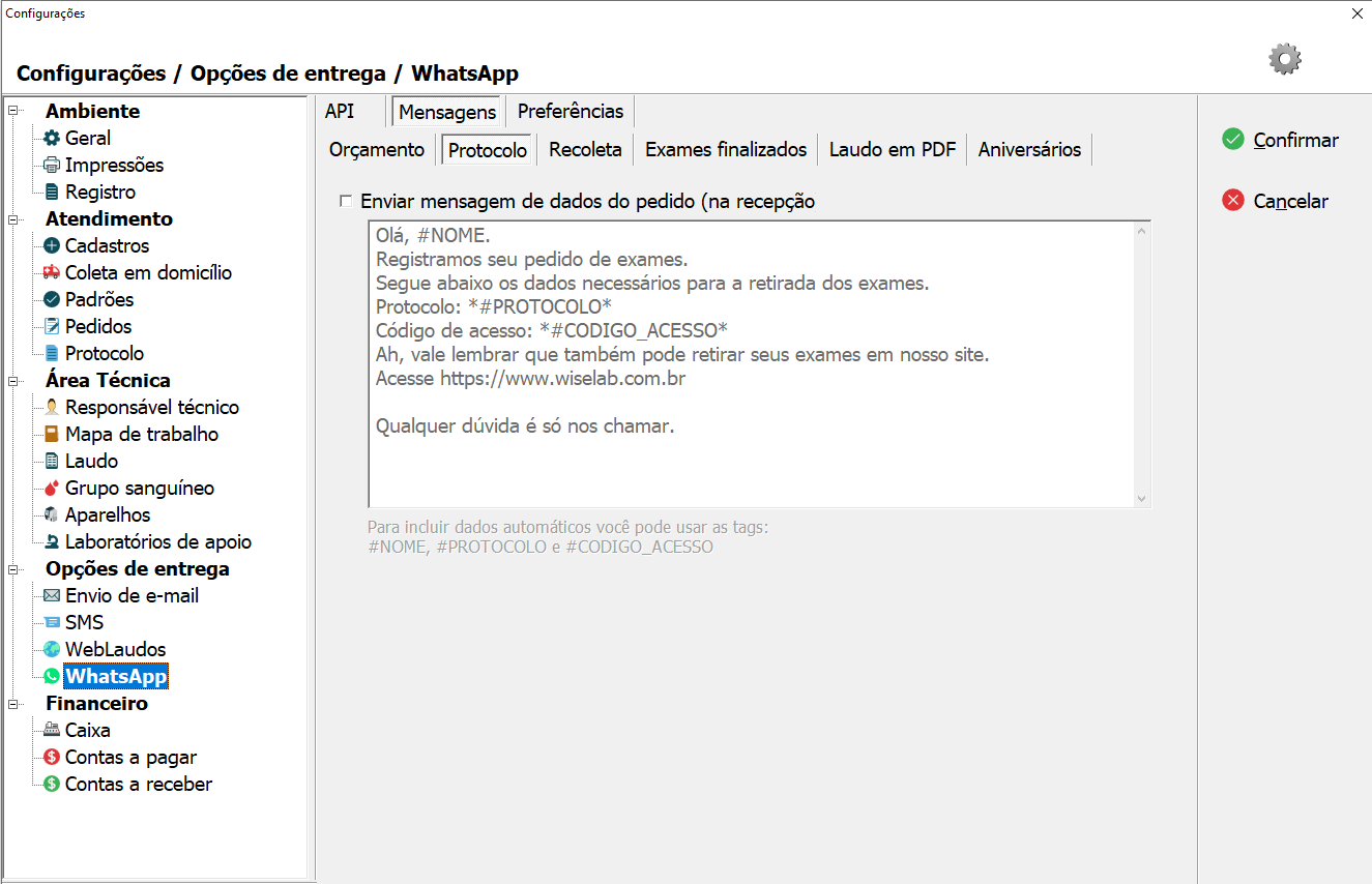 Tela de configuração da Mensagem de Protocolo.