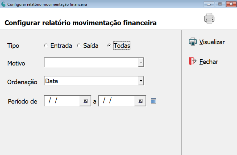 Tela de configuração do relatório de movimentação financeira.