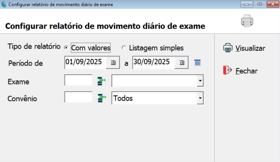 Tela de configuração completa do relatório de movimento diário de exame.