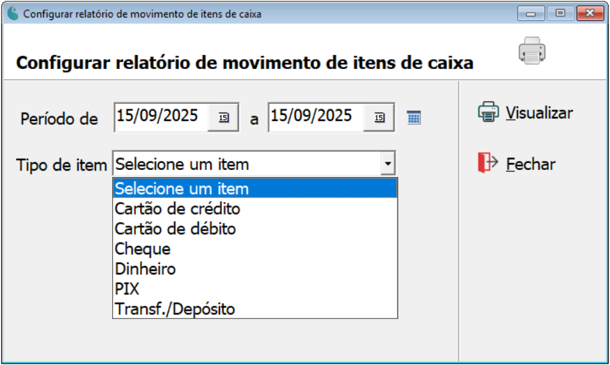 Tela de configuração do relatório de movimento de itens de caixa.