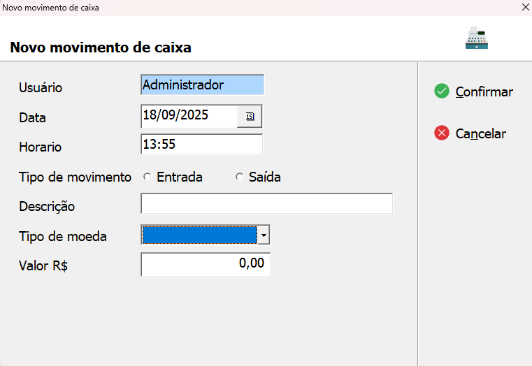 Janela de Novo Movimento de Caixa