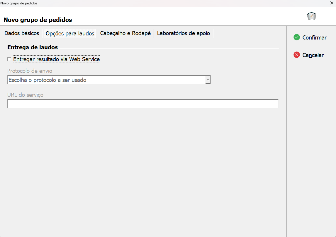 Aba Opções para laudos