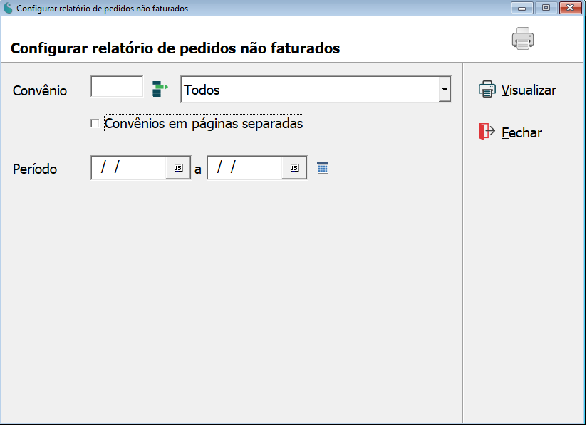 Tela de configuração do relatório de pedidos não faturados.