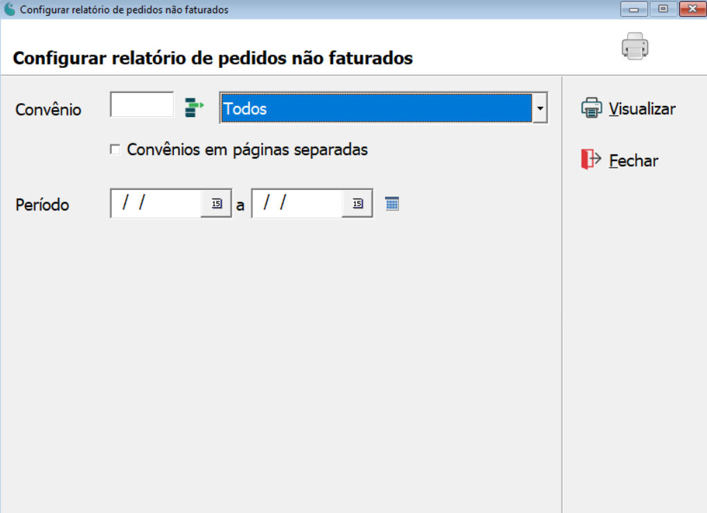 Tela de configuração do relatório de pedidos não faturados.