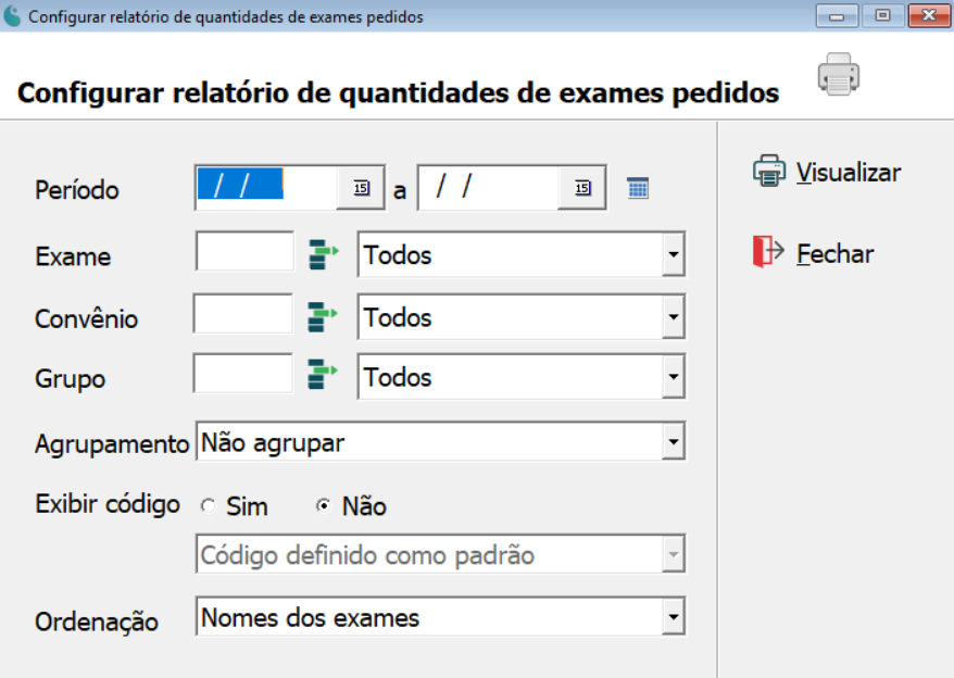 Tela de configuração do relatório de quantidades de exames pedidos.