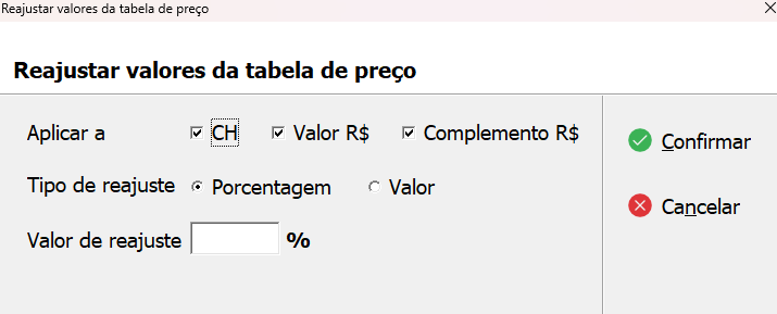 Menu de Reajustar Valores