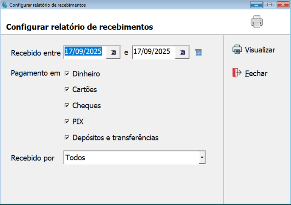 Tela de configuração do relatório de recebimentos.