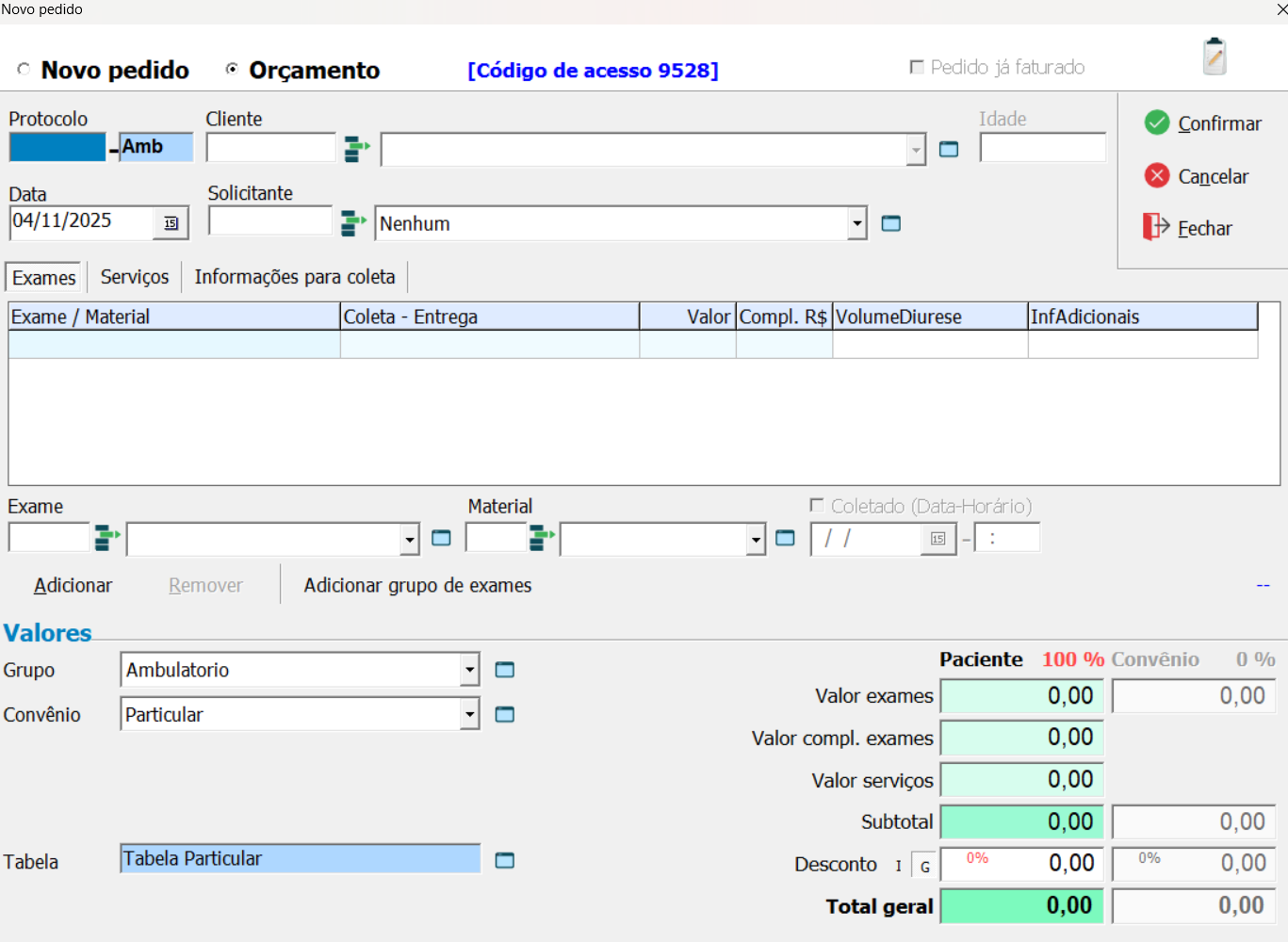 Cabeçalho e Aba Opções do Novo Pedido