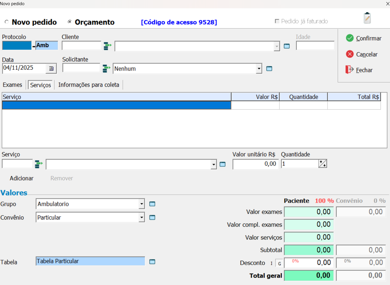 Aba Serviços do Novo Pedido