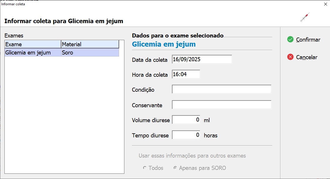 Tela para Informar os Dados da Coleta