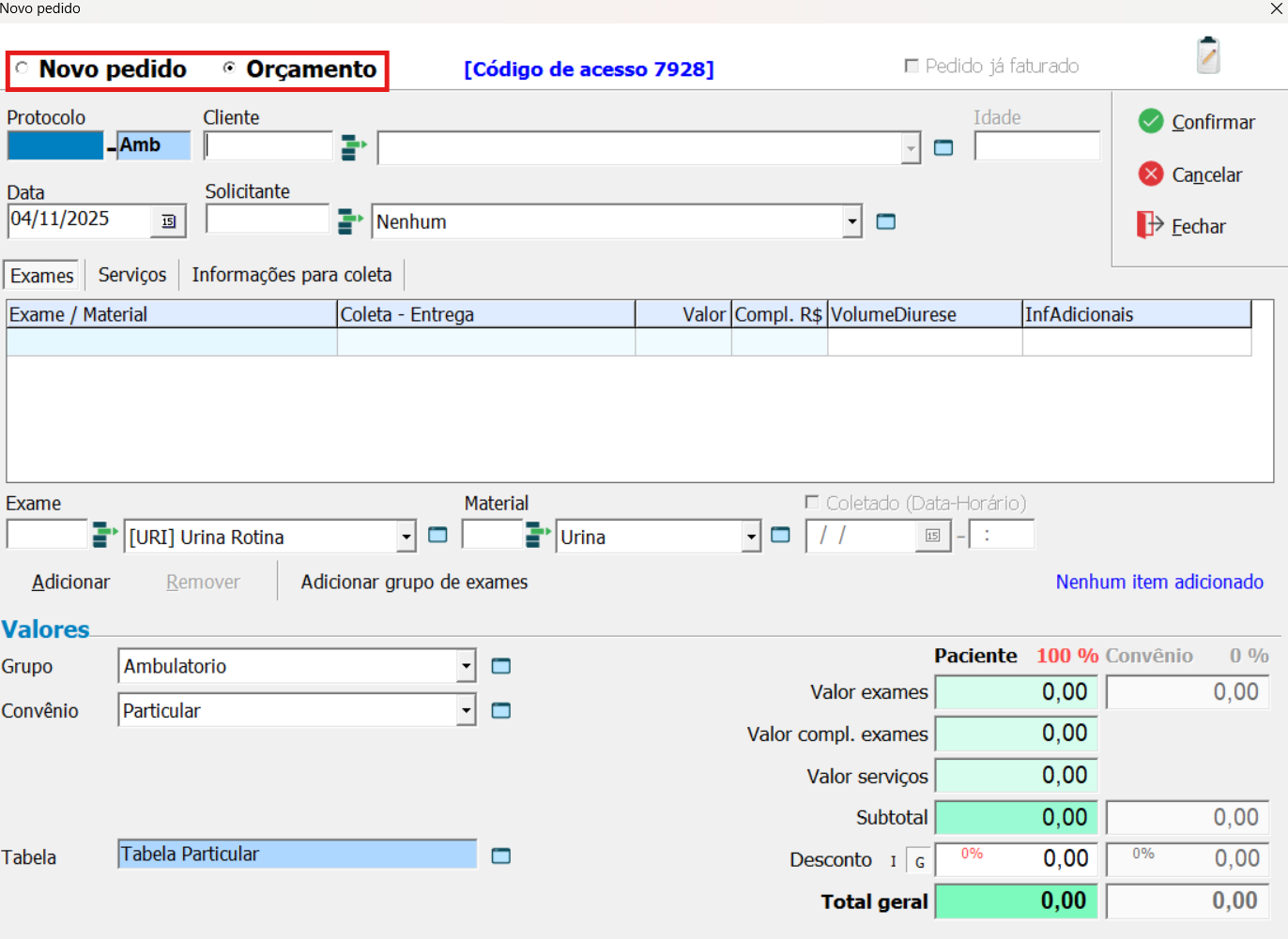 Opção para selecionar Novo Pedido.