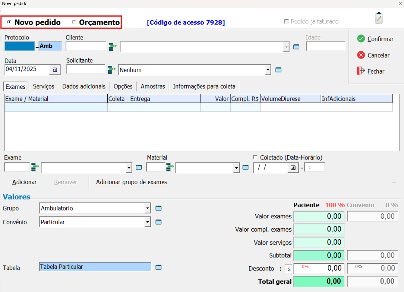 Opção para selecionar Novo Pedido.