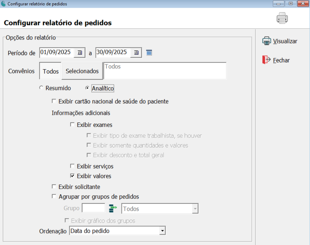 Tela de configuração do relatório de pedidos.