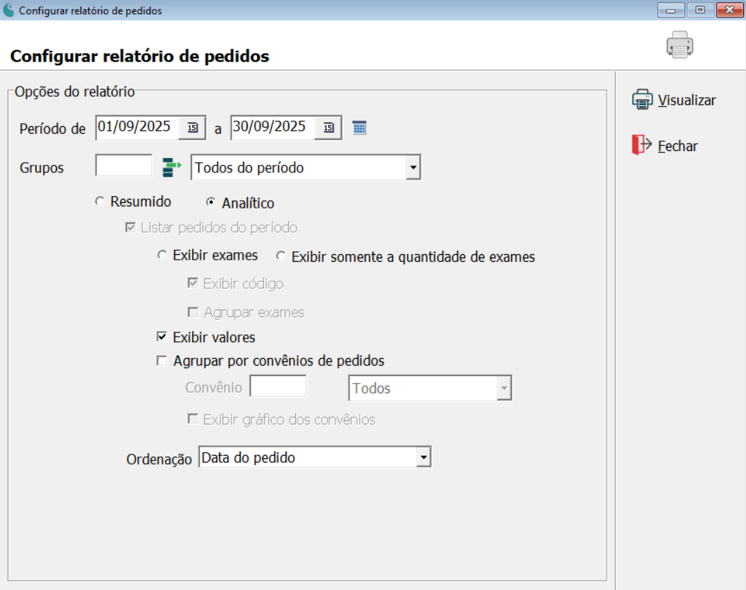 Tela de configuração do relatório de pedidos por grupo.