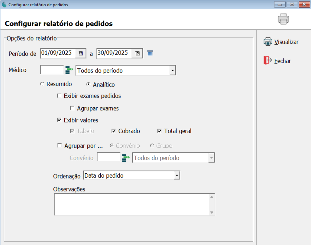Tela de configuração do relatório de pedidos por médico.