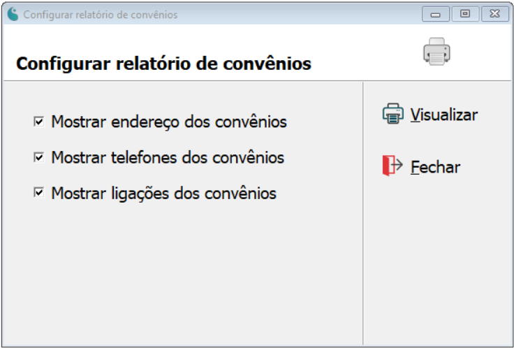 Tela de configuração do relatório de convênios.