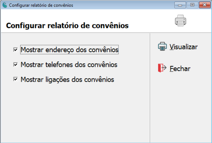 Tela de configuração do relatório de convênios.