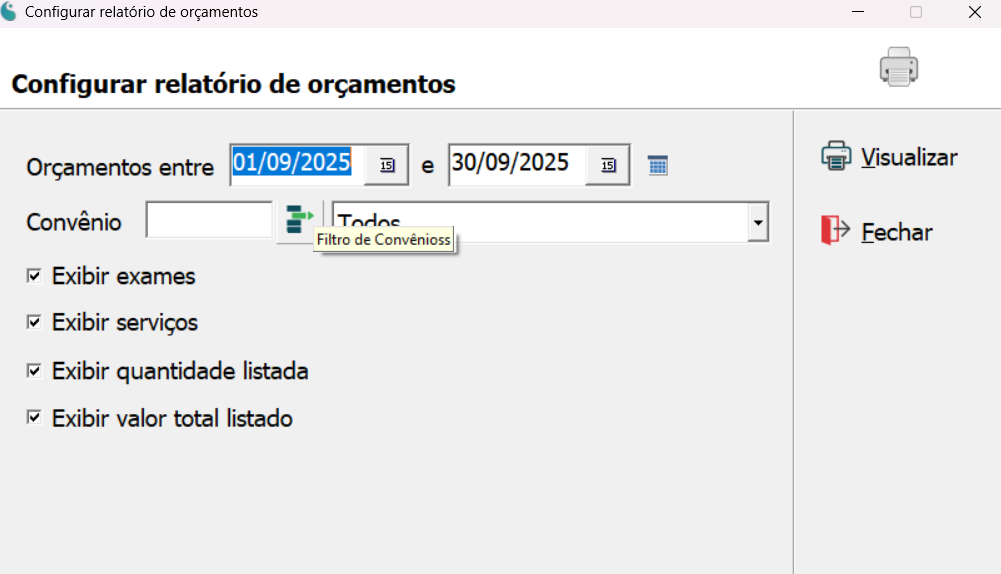 Tela de configuração do relatório de orçamentos.
