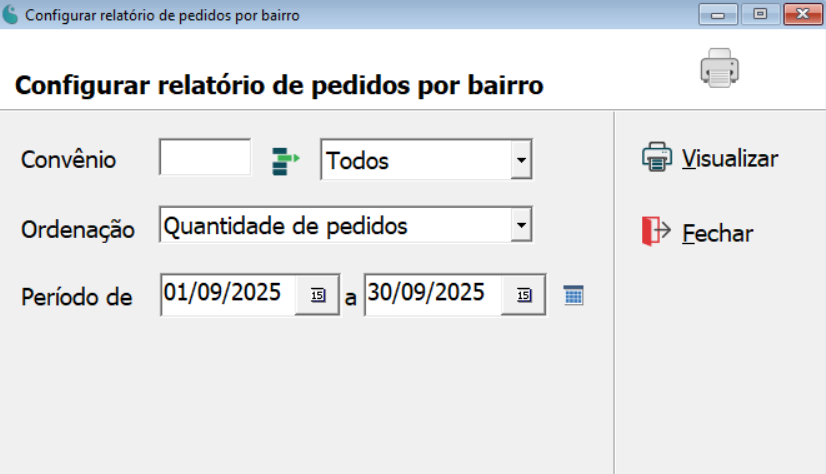Tela de configuração do relatório de pedidos por bairro.