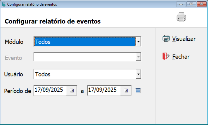 Tela de configuração do relatório de eventos.