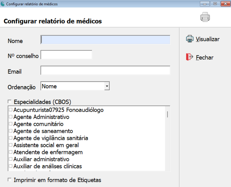 Tela de configuração do relatório de médicos.