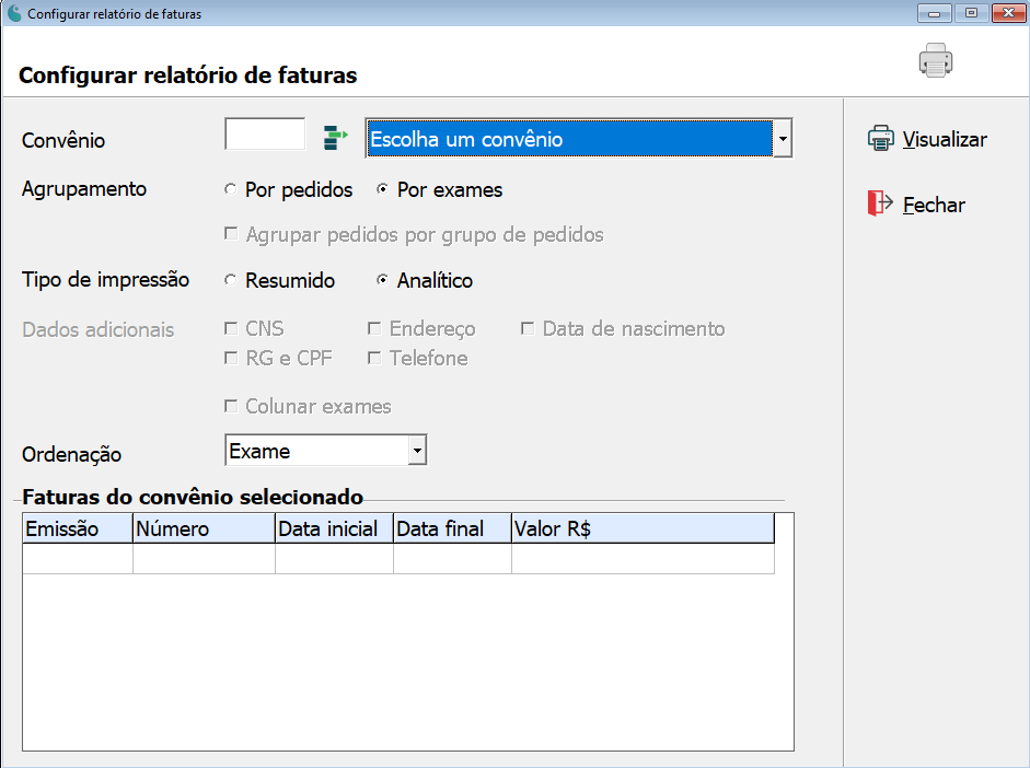 Tela de configuração do relatório de faturas.