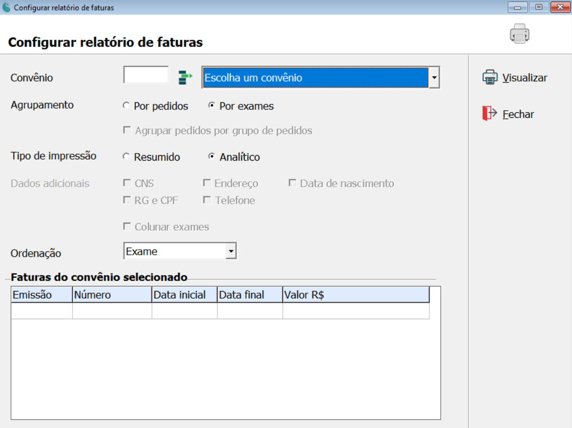 Tela de configuração do relatório de faturas.