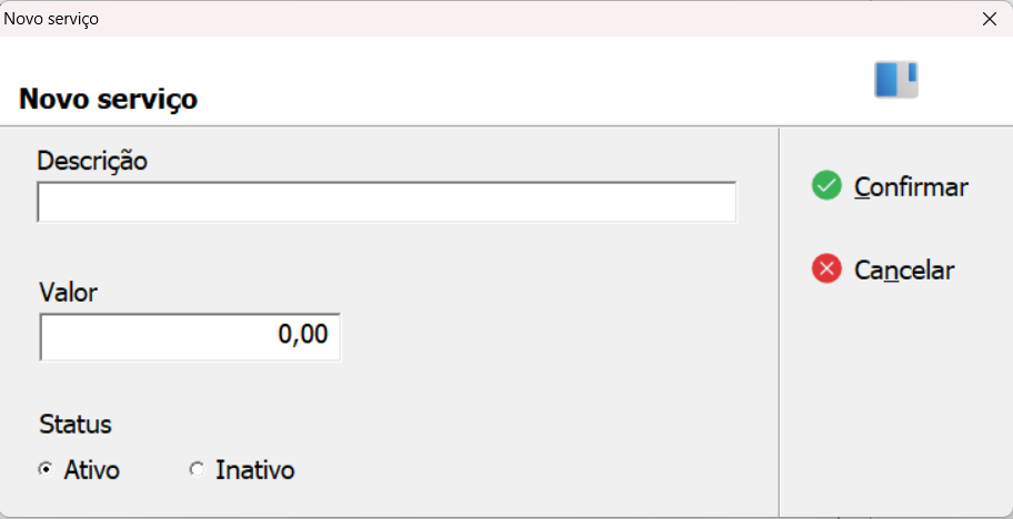 Tela de cadastro de Novo Serviço